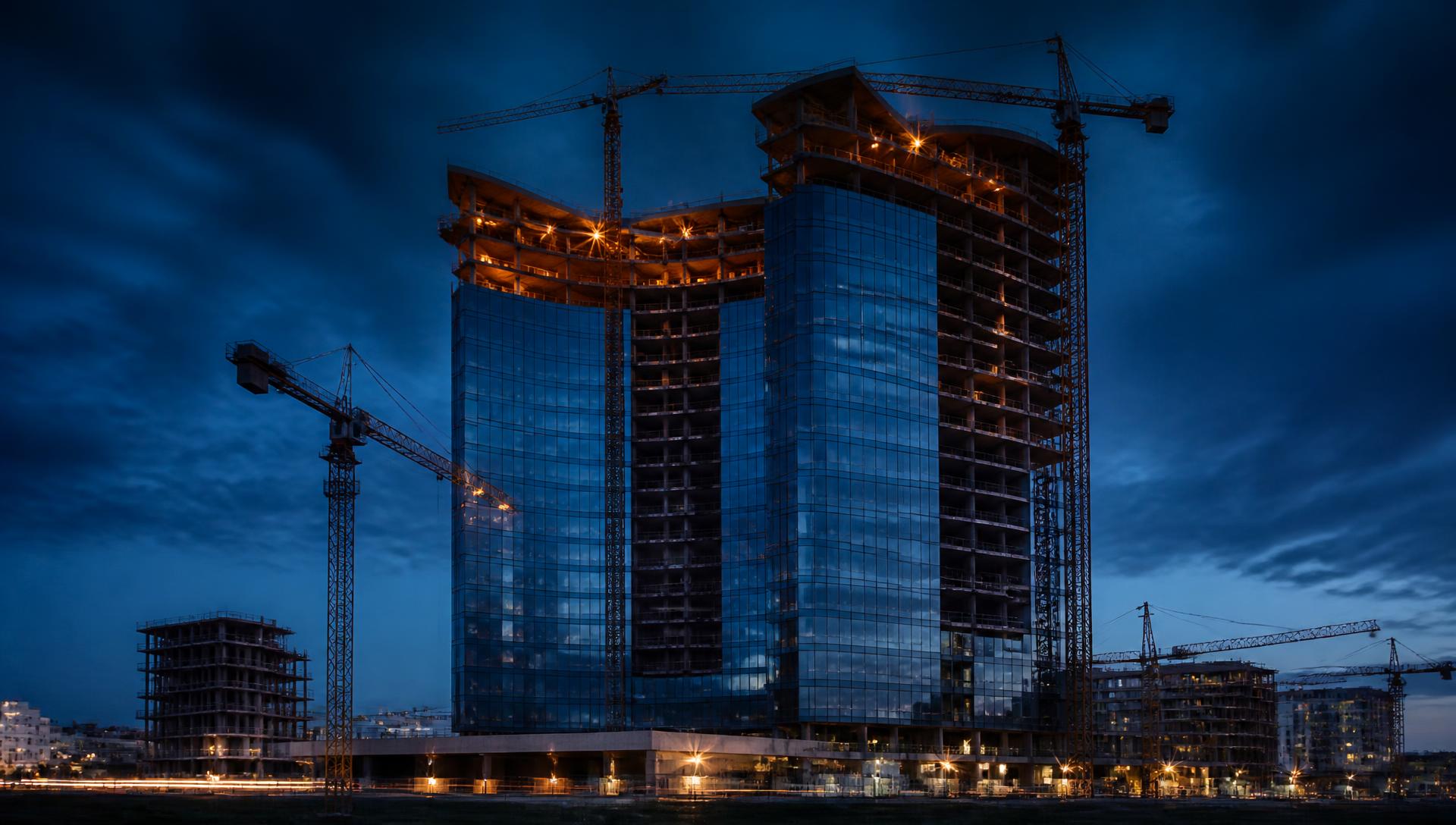 High-rise construction site at blue hour with tower cranes